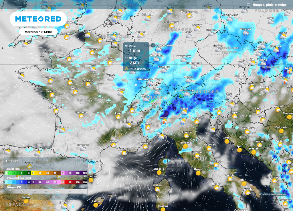 Nébulosité mercredi après-midi Ce mercredi après-midi, c'est dans le quart Nord-Est que les averses seront les plus fréquentes, parfois accompagnées d'orages.