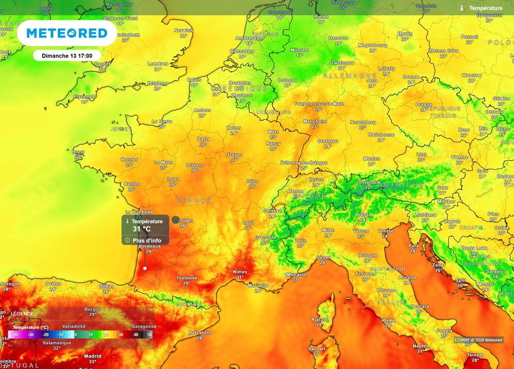 Températures dimanche après-midi Dimanche après-midi, les 30°C seront certainement dépassés entre la Nouvelle-Aquitaine, l'Occitanie et la vallée du Rhône.