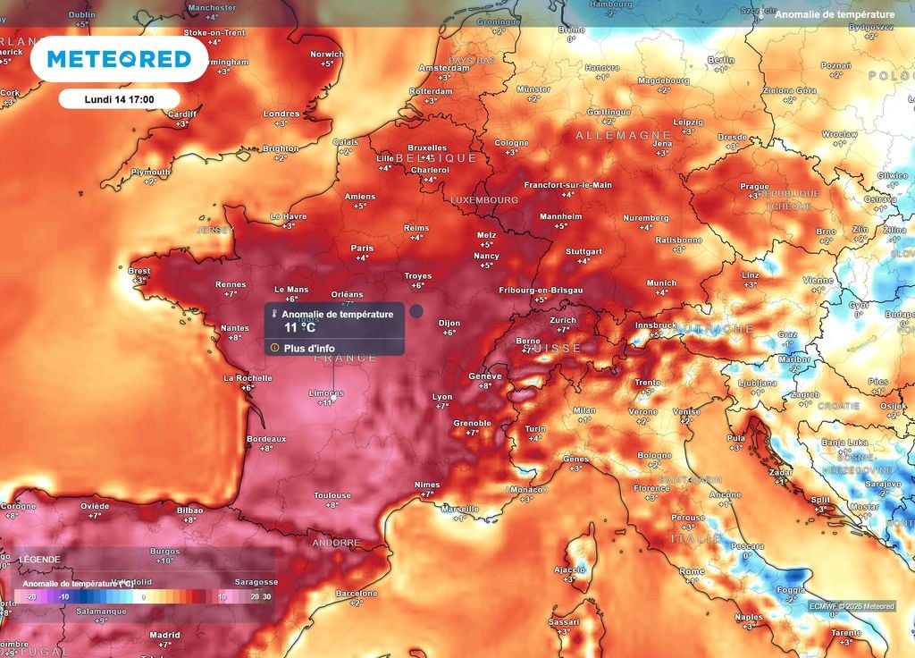 Anomalie de températures lundi après-midi Lundi après-midi, les températures seront parfois 11°C au-dessus des normales de saison vers le Limousin, 4 à 9°C au-dessus ailleurs.