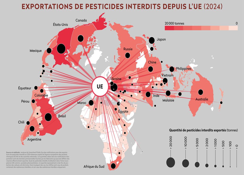 Carte des exportations de pesticides interdits depuis l'UE en 2024. Crédit Public Eye.