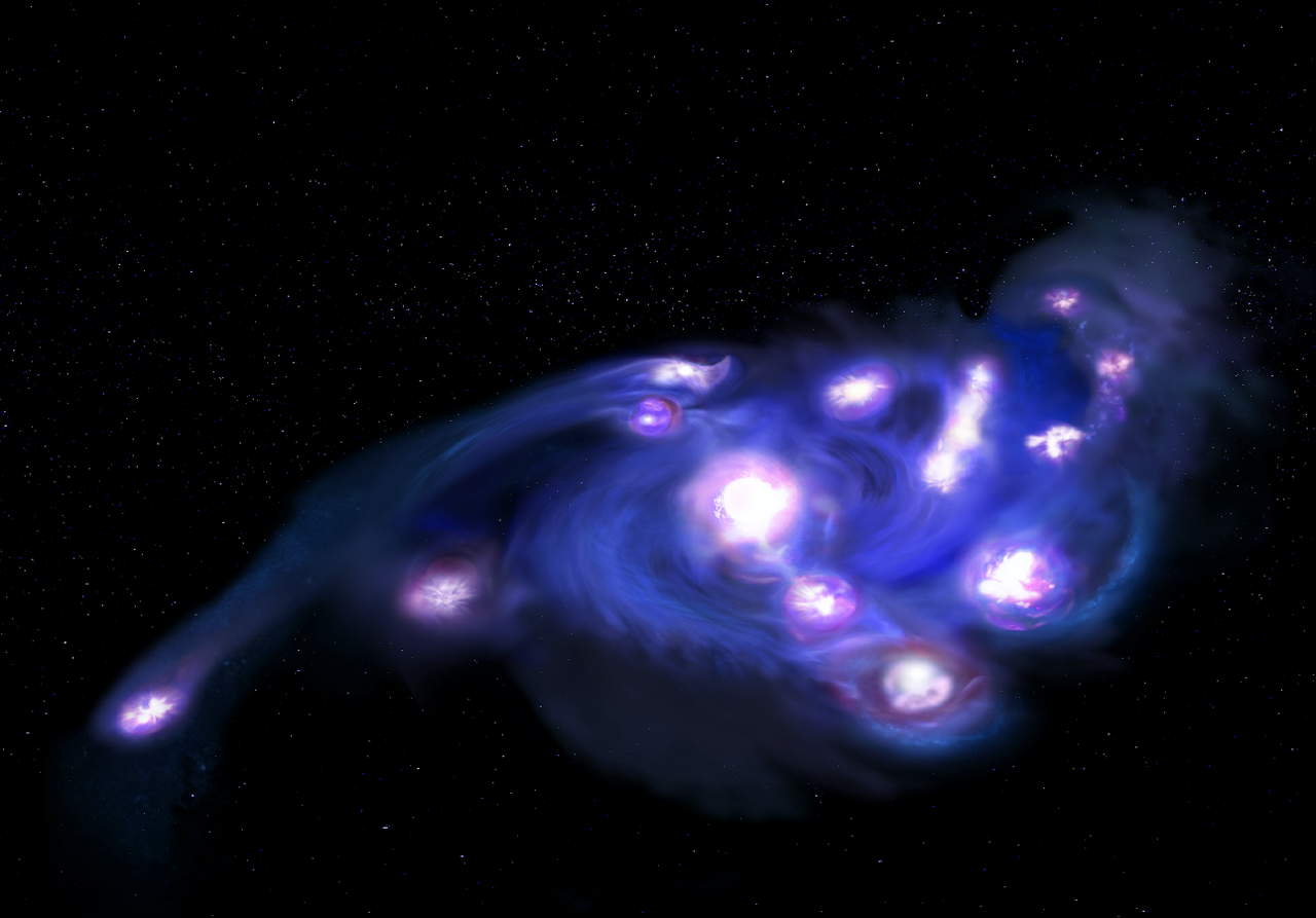 Rappresentazione artistica della galassia primordiale chiamata "grappolo d'uva cosmica". In essa ciascun "acino" è un'enorme regione di formazione stellare. Non si pensava che galassie primordiali in rotazione potessero averne tante.Credit: NSF/AUI/NSF NRAO/B.Saxton. Credit: NSF/AUI/NSF NRAO/B. Saxton