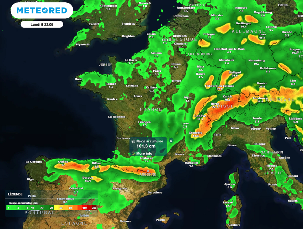 D'ici lundi, les quantités de neige seront parfois très conséquentes, atteignant ou dépassant le mètre dans les Pyrénées et les Alpes du Nord.