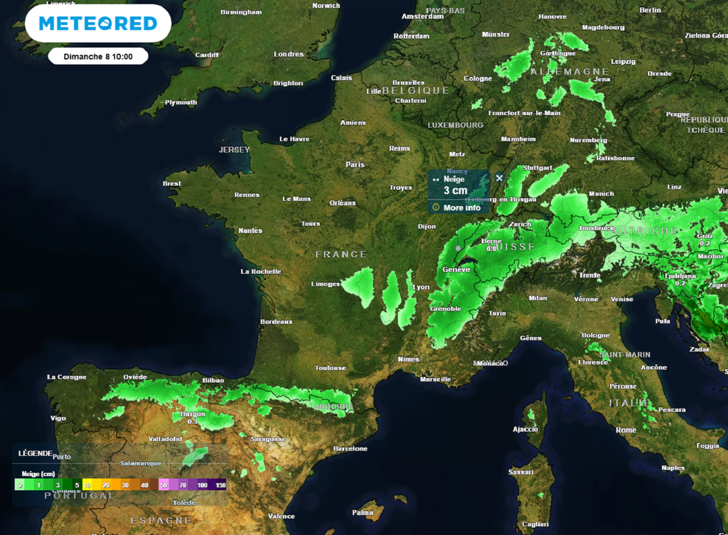 Dimanche, les chutes de neige se concentreront essentiellement sur les reliefs des Pyrénées aux Vosges, en passant par le Jura, les Alpes du Nord et le Massif central.