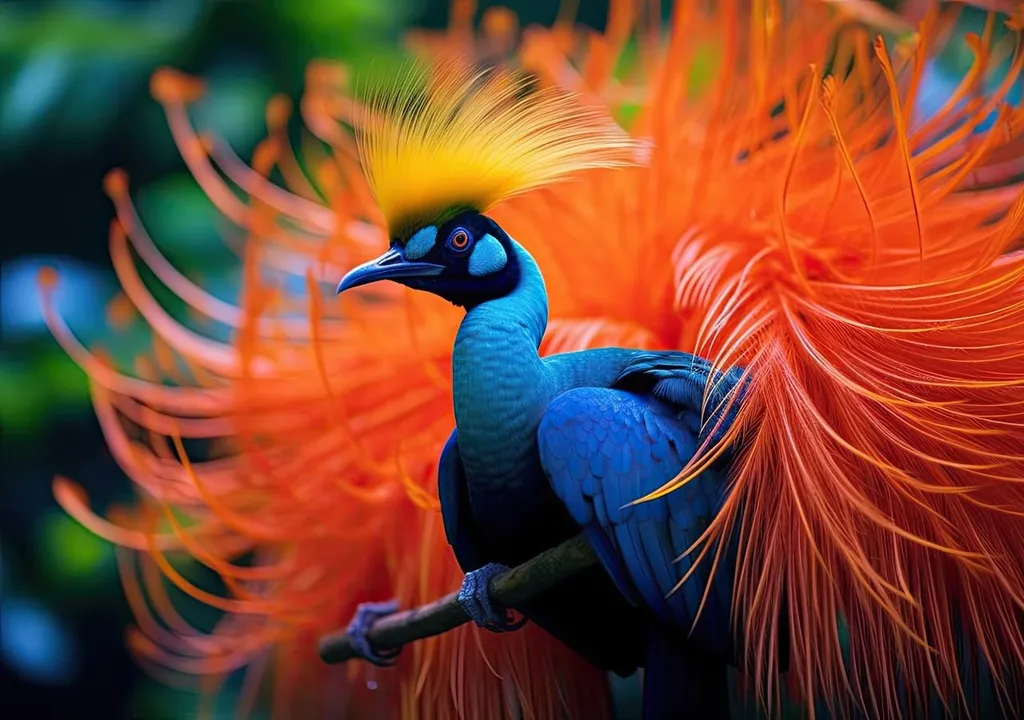 Ave del Paraíso macho, de colores vibrantes naranjo en su cola y azul en el cuerpo con un penacho amarillo sobre su cabeza