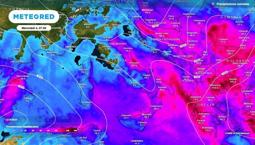 Piogge. L'accumulo totale di piogge atteso per i primi giorni di novembre. Si notano i picchi massimi fra coste del medio-basso Adriatico e al Sud.