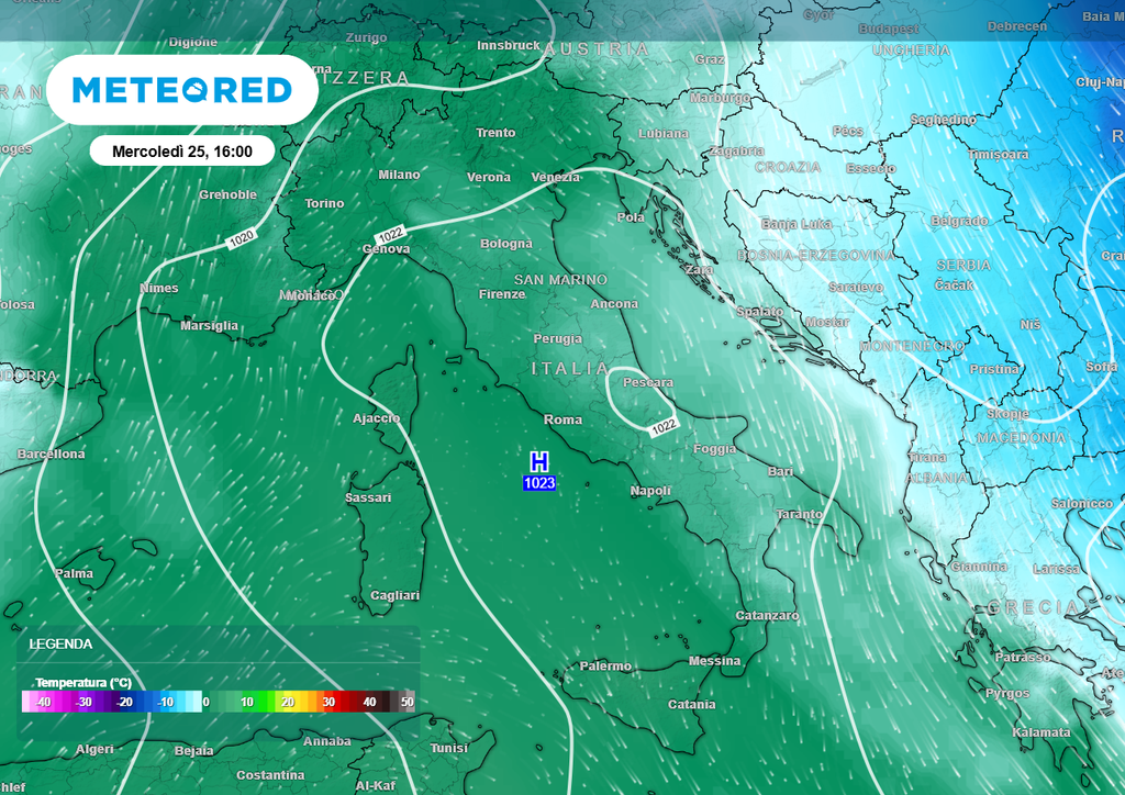 Mappa delle temperature previste mercoledì 25 febbraio intorno a quota 3000 metri. Sull'Appennino, l'irraggiamento solare e le temperature positive, anche nelle ore notturne sopra i 2000 metri, favoriranno una fusione abbastanza rapida.