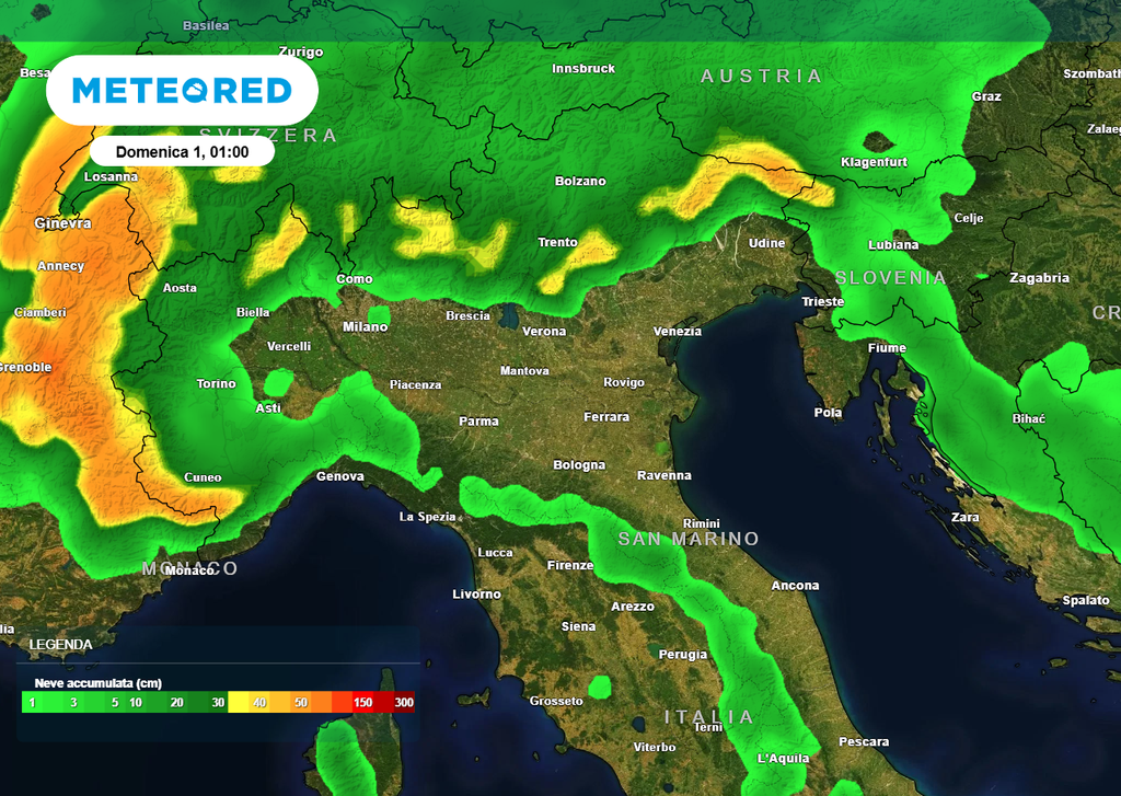 Accumuli di neve totali previsti entro sabato prossimo. Sulle Alpi Orientali la neve arriverà in un momento cruciale, a pochi giorni all'inizio dei Giochi Olimpici Invernali di Milano-Cortina 2026.