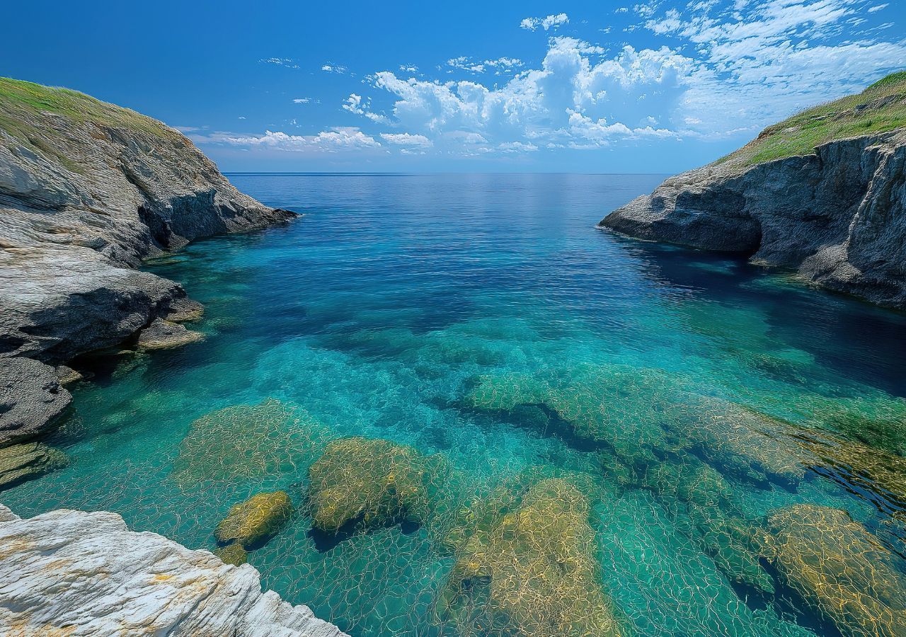 Il mare dai colori eccezionali che circonda le scogliere dell'isola