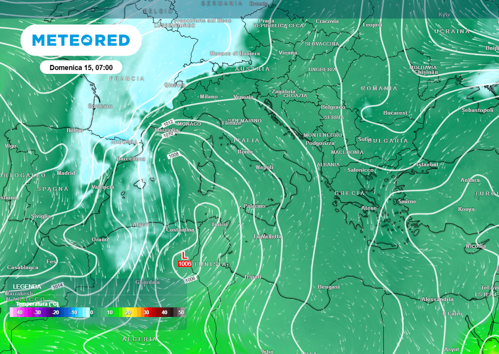 Visione di ECMWF per domenica mattina, con la bassa pressione già sul Nord Africa.