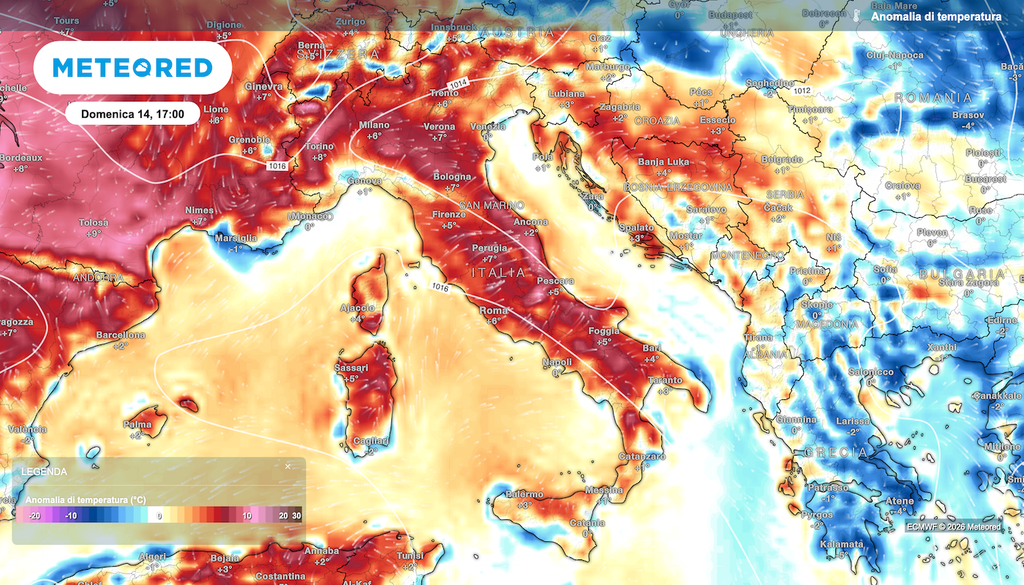 Dopo il passaggio temporalesco in corso, le temperature si riprendono in fretta e domenica, come da mappa ECMWF, tornano nettamente sopra la media.