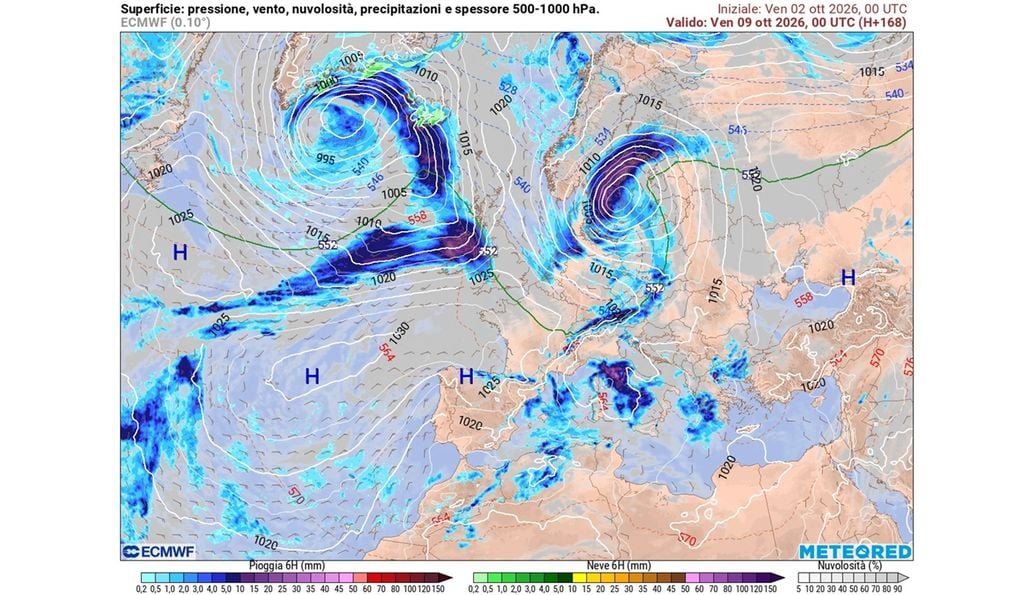 Il modello meteo ECMWF ipotizza una giornata di forte maltempo venerdì prossimo, 9 ottobre. Le piogge cumulate potrebbero essere molto importanti.