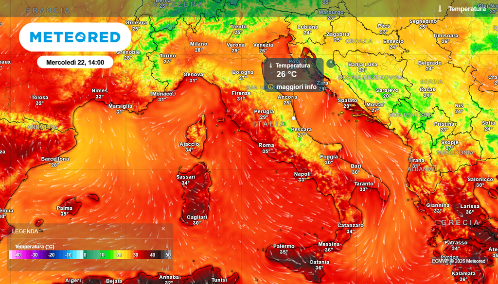 TEMPERATURE ITALIA Le temperature in Italia nell'ora più calda mercoledì 22 luglio 2026: rinfrescata importante sulla fascia adriatica.