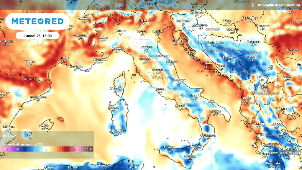 Mappa relativa alle anomalie di temperatura previste per la prossima settimana