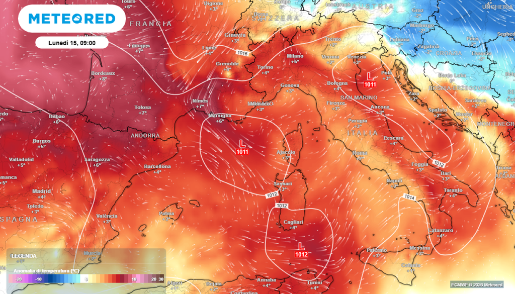 Caldo intenso. La vasta ondata di calore che si preparerà ad interessare gran parte dell'Europa centro-occidentale, la Sardegna e il Nord-Ovest, dove si potranno toccare i +35°C.