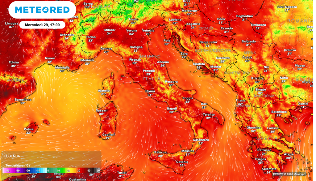Le temperature previste per la giornata di mercoledì 29 luglio. Le temperature previste per la giornata di mercoledì 29 luglio.