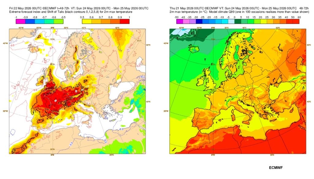 Le proiezioni dell'EFI aggiornate ad oggi, mostrano un segnale di anomalia termica positiva molto chiaro su gran parte dell'Europa centro-occidentale. A 3 giorni, come nell'immagine, la colorazione di rosso intenso che tende a coprire soprattutto il Settentrione e le regioni tirreniche, specie la Toscana. Credit ECMWF