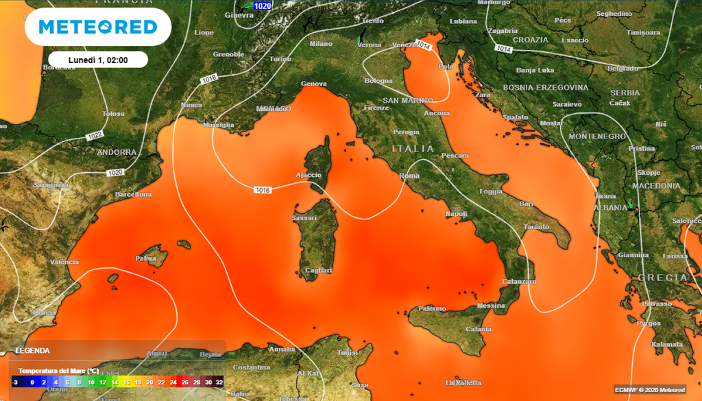 Ecco le acque del Mediterraneo diventate un brodo, malgrado siamo solo a fine maggio. In diverse aree del Mediterraneo si registrano gli stessi valori di luglio.