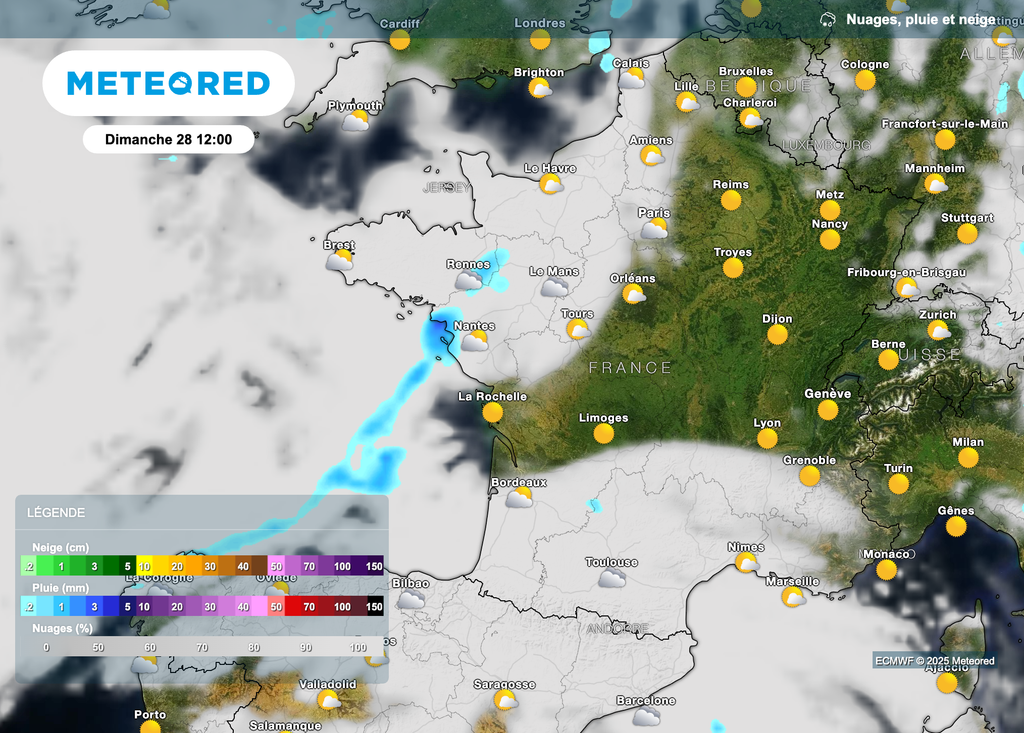 Météo de dimanche : situation prévue à la mi-journée.