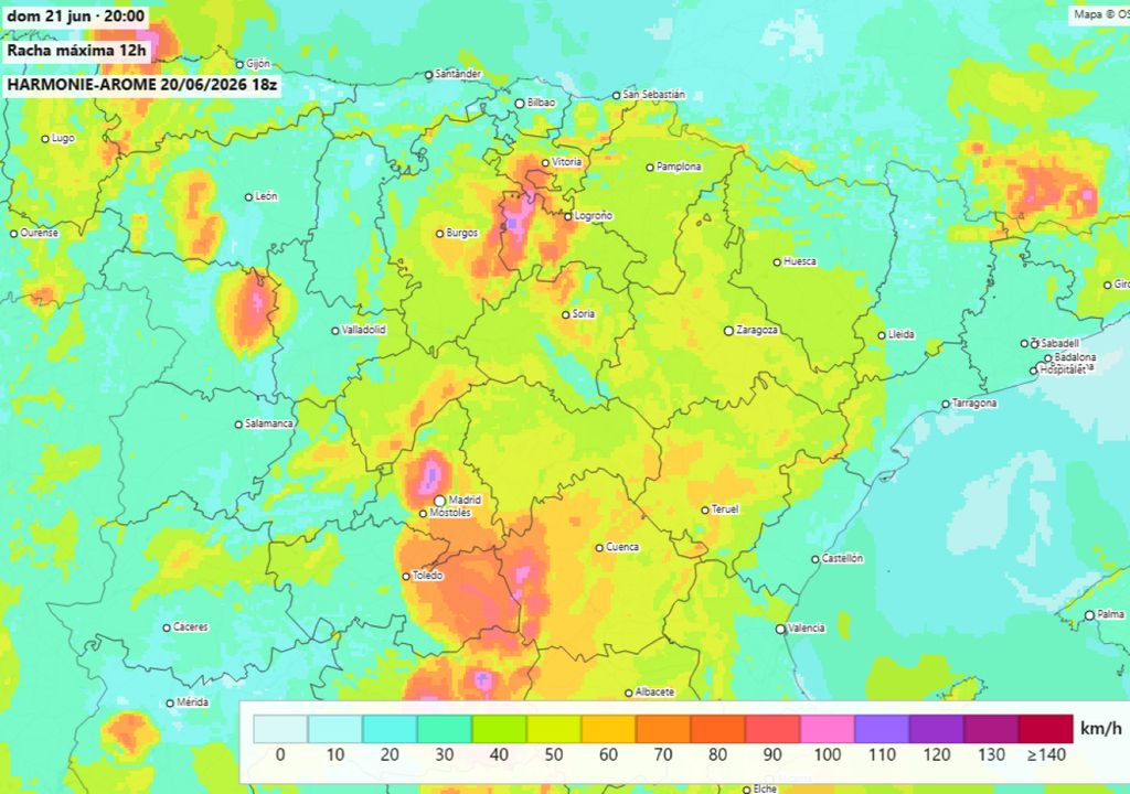 El modelo Harmonie-AROME destacan la posibilidad de vendavales y reventones, sobre todo, por el centro peninsular. Fuente: Harmoniearome.es