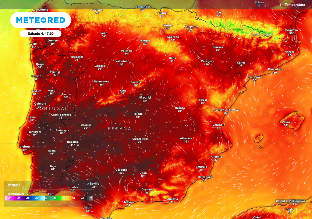 Temperaturas máximas previstas mañana sábado por el modelo europeo.