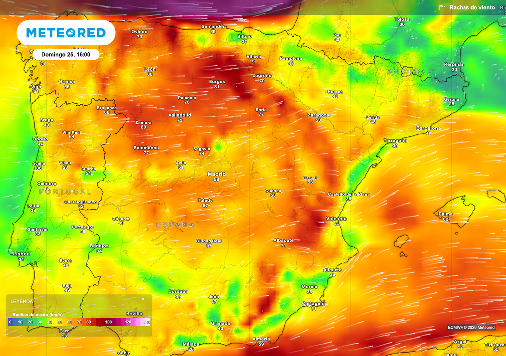 Rachas previstas por el modelo europeo mañana domingo a las 16:00. Atención al litoral cantábrico, meseta norte y puntos del interior este peninsular.