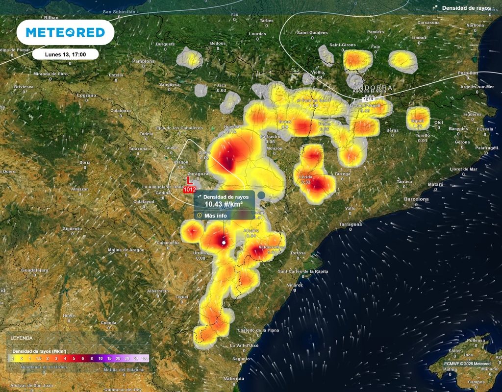 La densidad de rayos será notable en amplias zonas del cuadrante nordeste peninsular.