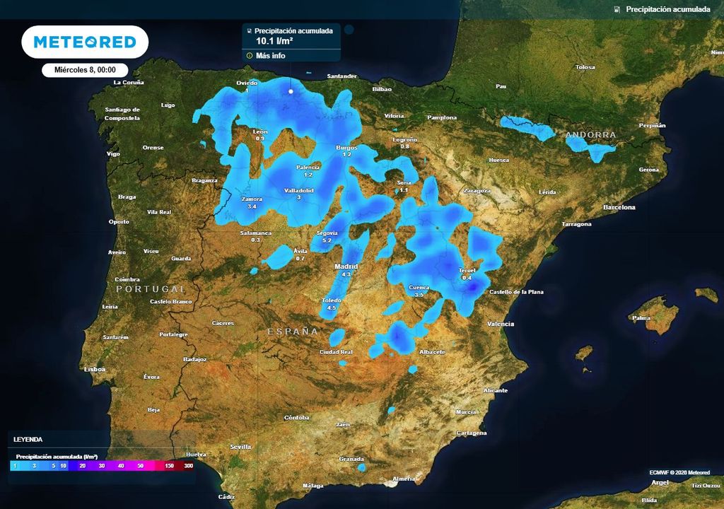 Mapa con la precipitación acumulada prevista hoy martes, toda ella asociada a las tormentas que tendremos esta tarde.