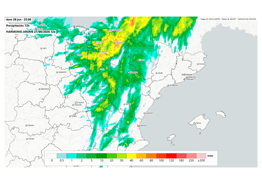 El modelo Harmonie prevé acumulados locales de más de 60-80 l/m2 en muy pocas horas. Fuente: harmoniearome.es y AEMET.