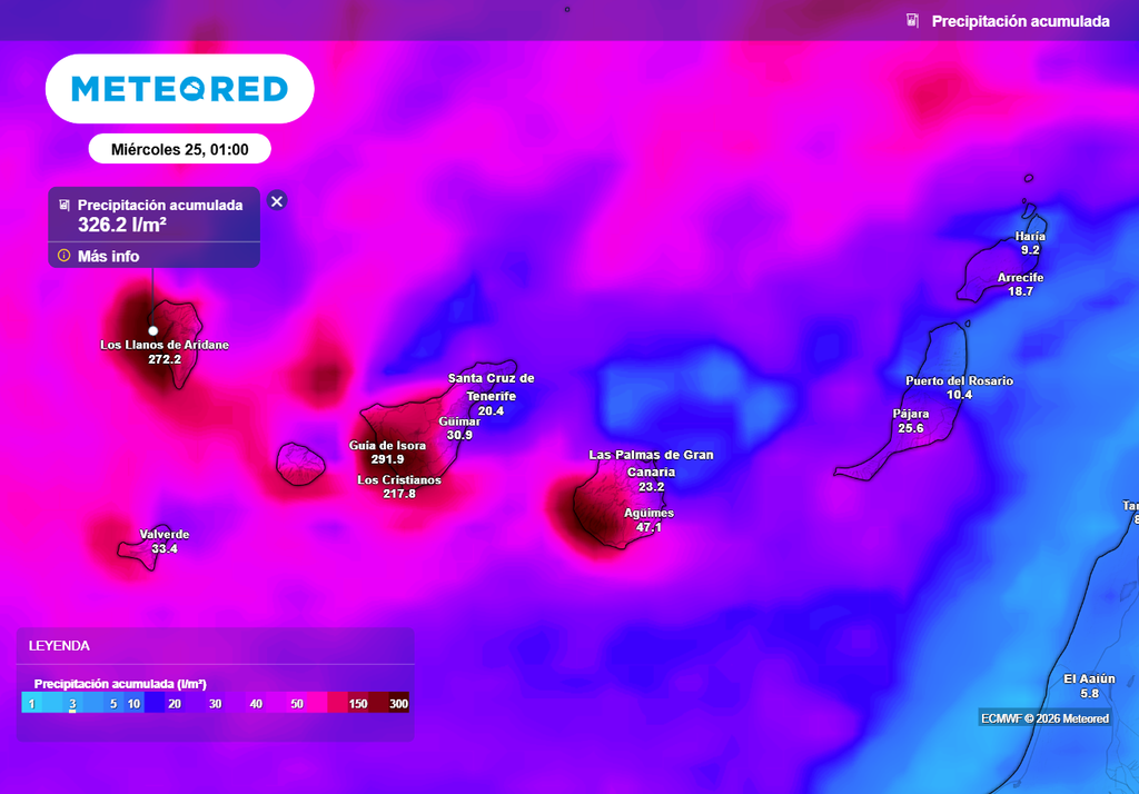 Acumulados previstos por el modelo europeo en Canarias entre hoy, mañana y el sábado. Podrían superarse los 200 litros por metro cuadrado en el oeste y sur de las islas más montañosas.