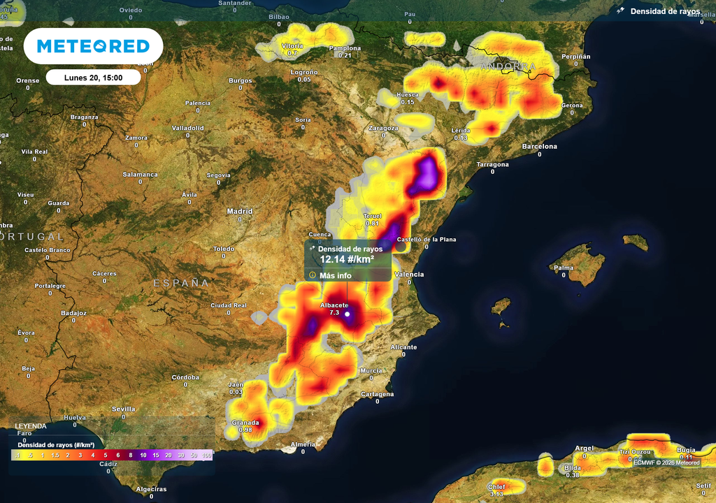 El foco estará en el sureste peninsular, pero las tormentas se extenderán por todo el tercio este peninsular.