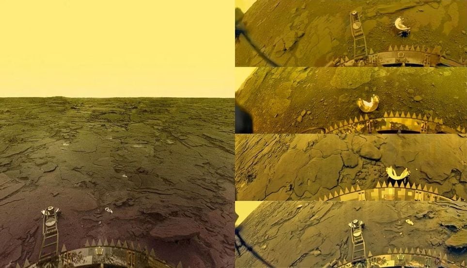 Images en couleur de l’atmosphère et de la surface de Vénus prises par la sonde soviétique Venera 13 le 1er mars 1982. Crédit : © Venera 13/Don P. Mitchell/Archives de l’ESA.