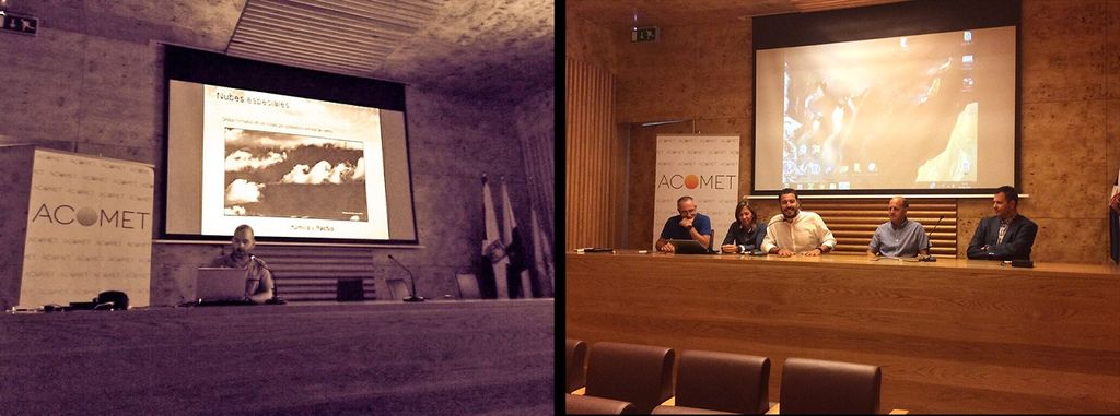 Dos momentos del acto celebrado en el Museo de la Naturaleza y el Hombre con participación del personal del CIAI: Izquierda, Rubén del Campo en su charla sobre nubes y meteoros; derecha, Emilio Cuevas en la mesa redonda.