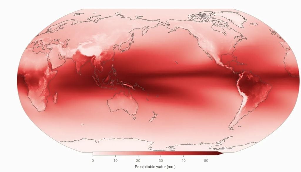 Promedio de Agua Precipitable durante el período 1991-2020. El promedio global es de aproximadamente 24 mm.