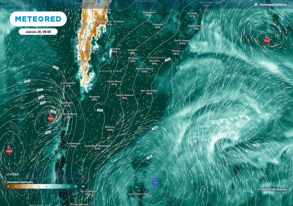 Humedad relativa para el día jueves 28 de Mayo a las 9 h, según el modelo ECMWF.