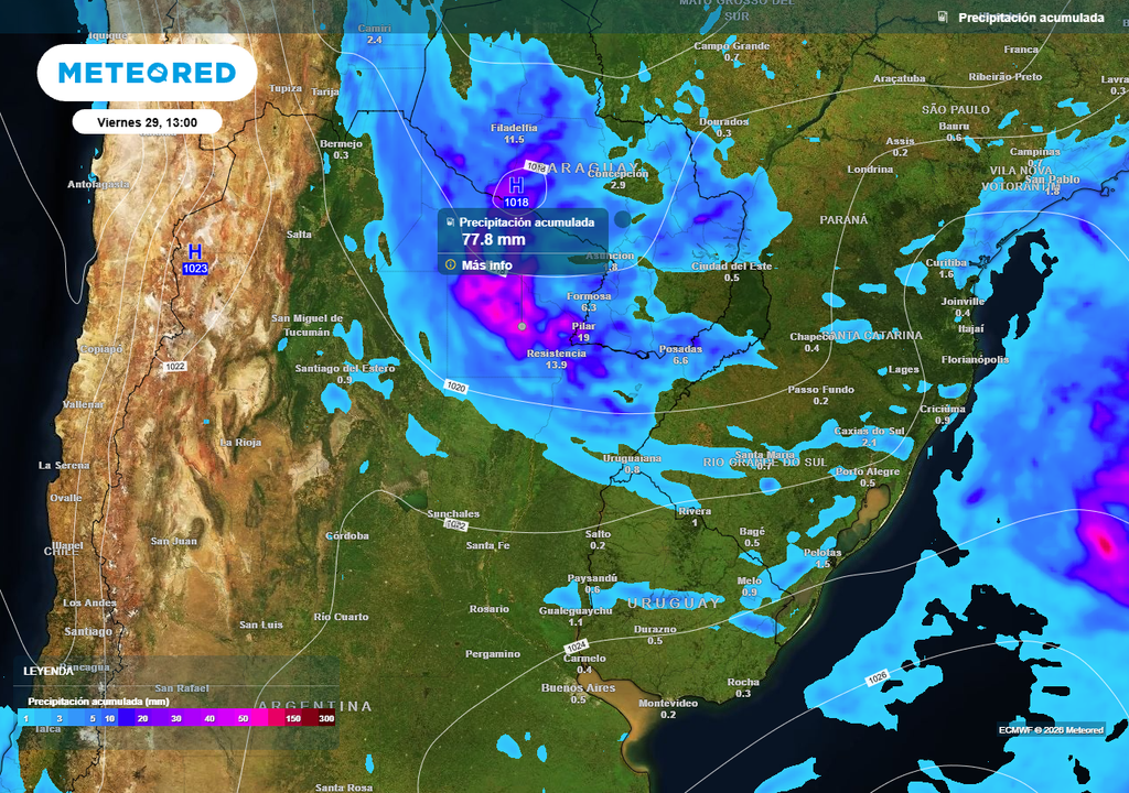 Precipitación acumulada según el modelo ECMWF para el viernes 29 de Mayo de 2026 a las 13 h.