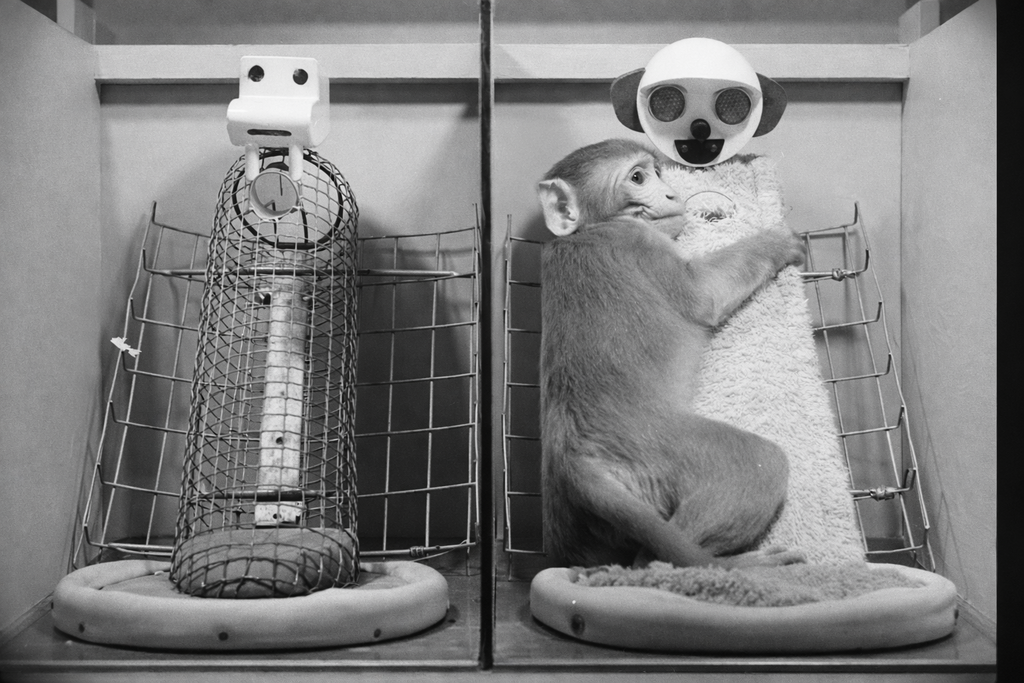 Macaco aferrado a su “madre” de felpa. Al lado, la de alambre, que cumplía la misión de alimentadora. Foto: Harlow, HF (1958).