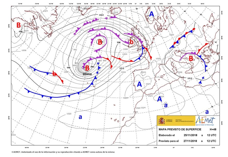 Foto 2: Mapa de superficie y frentes para el día 27 nov. 2018 a las 12 UTC con Diana afectado a las Islas Azores. AEMET Foto 2: Mapa de superficie y frentes para el día 27 nov. 2018 a las 12 UTC con Diana afectado a las Islas Azores. AEMET