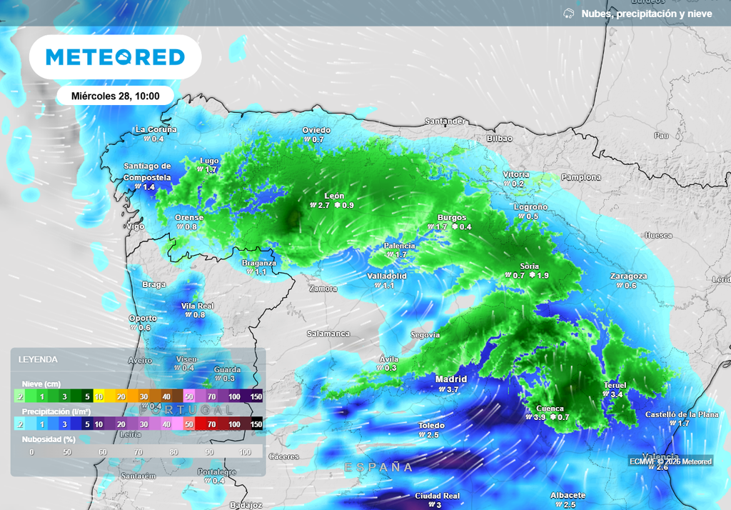 Las nevadas harán acto de presencia en amplias zonas del tercio norte en la primera parte del miércoles: atención a las carreteras.