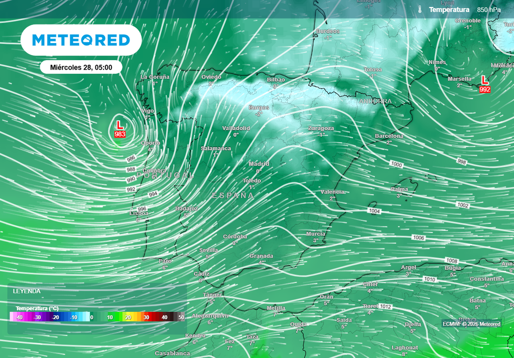 La formación de una borrasca secundaria en el noroeste peninsular interactuará con el aire polar, aunque la cota subirá rápidamente.