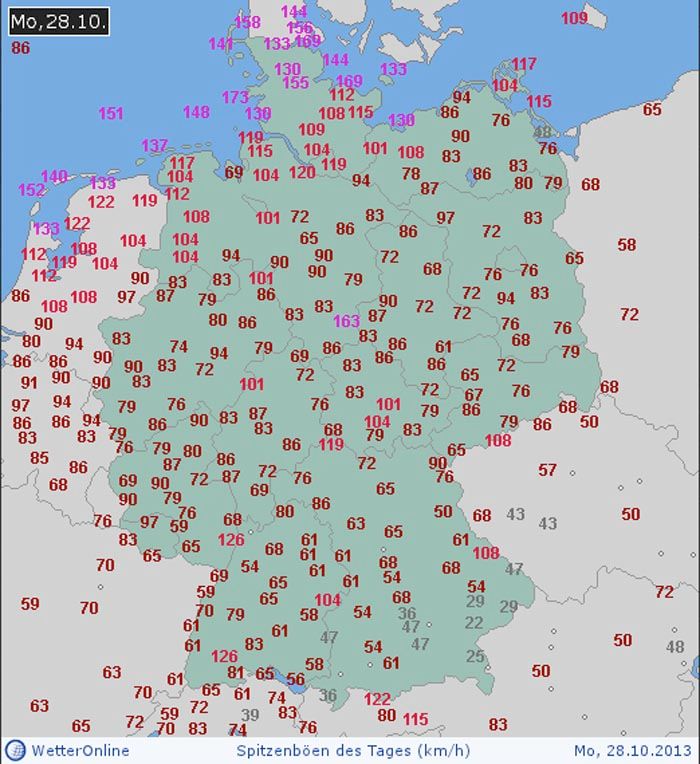 Rachas máximas observadas en Alemania el 28 de octubre de 2013. Los datos son preliminares y algunos son sospechosos. Fuente: WeatherOnline