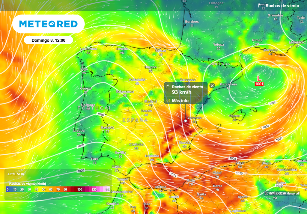 Marte se situará el domingo frente a las costas catalanas. En el sureste las rachas de viento pueden superar los 90 km/h, según el modelo europeo.