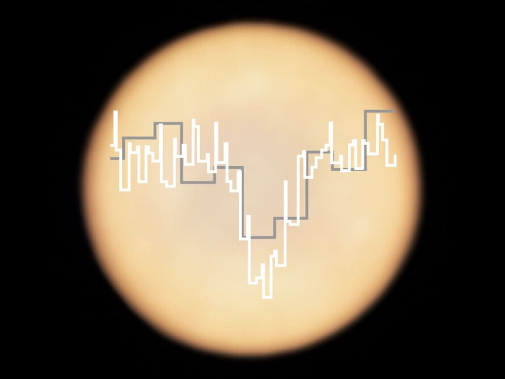 Representación artística de una imagen real de Venus con dos espectros superpuestos tomados con ALMA y el Telescopio James Clerk Maxwell. Crédito: ESA.
