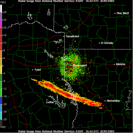 La caída de la nave espacial Columbia según los radares meteorológicos operativos americanos del estado de Luisiana