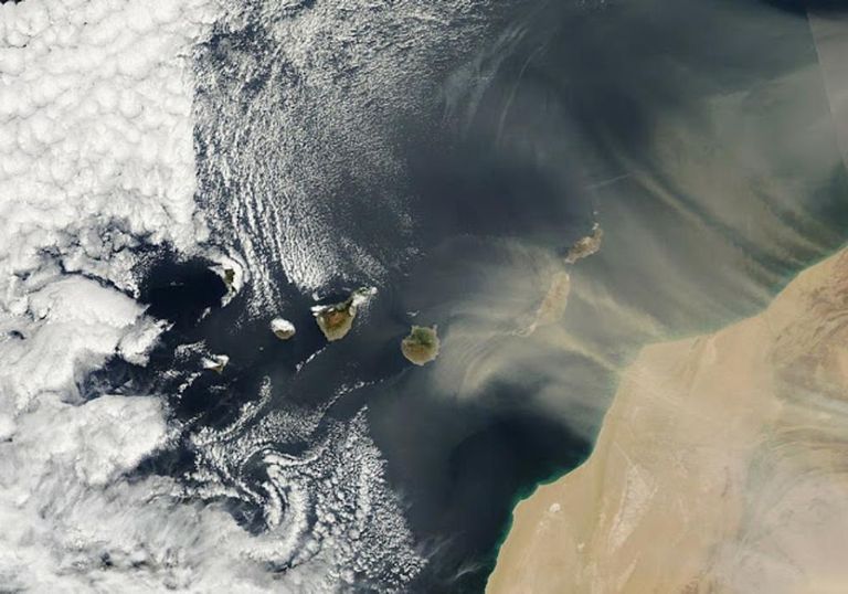 Imagen de calima desde satélite el 4 de febrero de 2013. Fuente: NASA. Imagen de calima desde satélite el 4 de febrero de 2013. Fuente: NASA.