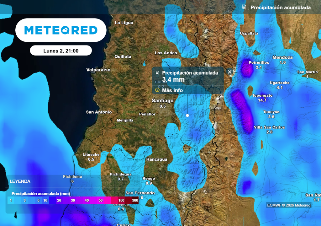 Este lunes (2) se esperan acumulados de precipitaciones en zonas de la cordillera metropolitana, conforme indica el modelo ECMWF.