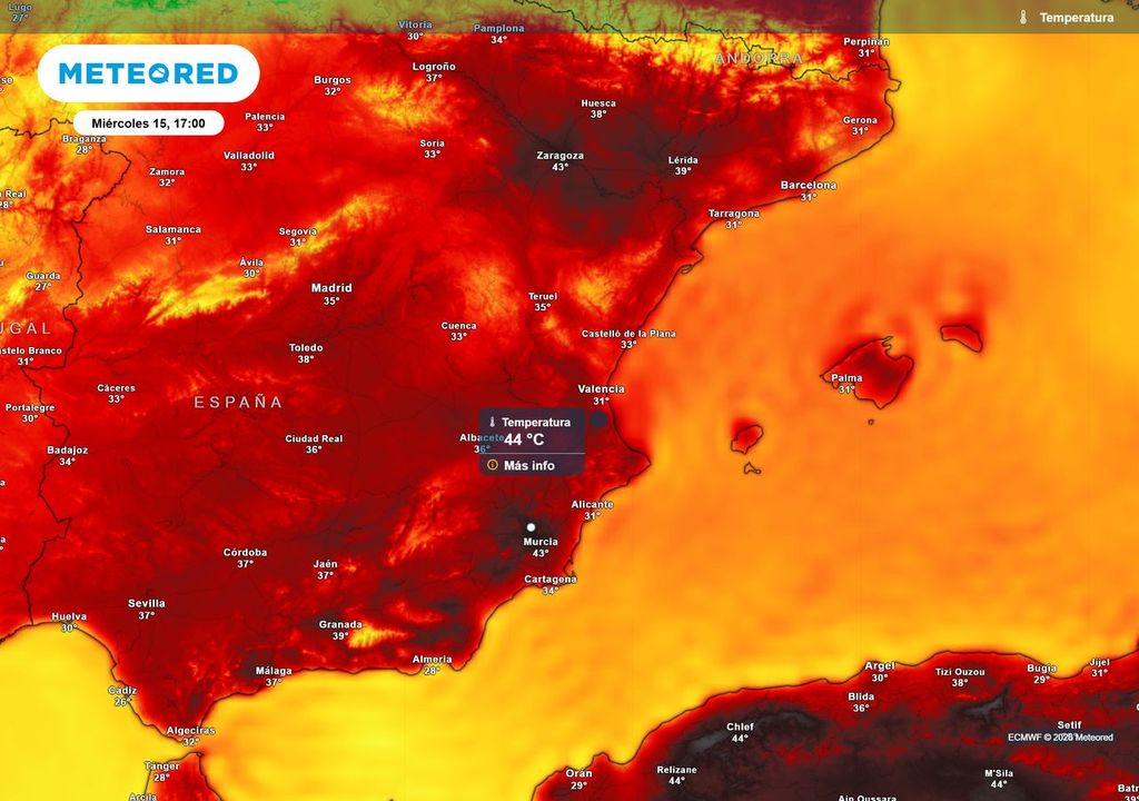 Tanto en el valle medio del Ebro como en el interior de la Región de Murcia se alcanzarán las temperaturas más altas estos próximos días, con máximas previstas en Murcia y Zaragoza cercanas a los 45 ºC.