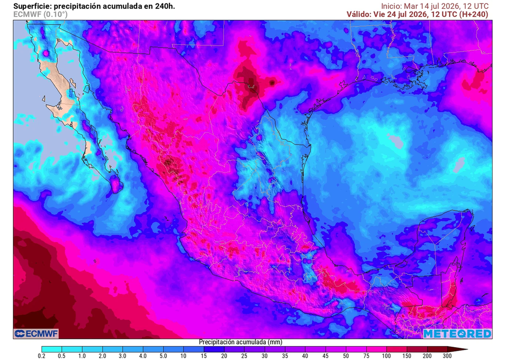 Pronóstico de lluvias acumuladas en 10 dias Estados del norte y occidente es donde se concentrarán lluvias abundantes superando 150 mm; más ocasionales se prevén en el resto del país, pero localmente fuertes.