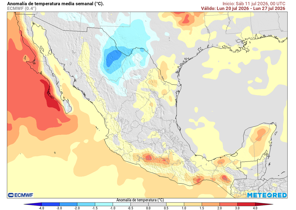 Anomalía de temperaturas en grados Celsius Las lluvias ayudarán a regular el calor en el norte, refrescando. El Pacífico, sureste y Golfo de México podrían ser más calurosos, pero eventualmente se refresca el Altiplano.