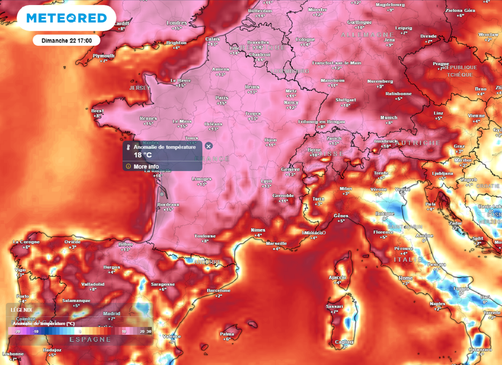 Dimanche après-midi, les maximales seront souvent situées jusqu'à 15 voire 18°C au-dessus des normales de saison !