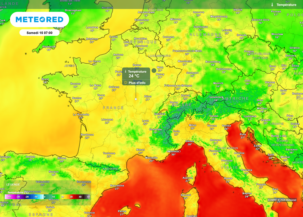Températures samedi matin Samedi matin, au plus frais de la nuit, les températures atteindront parfois 24°C dans les régions centrales.